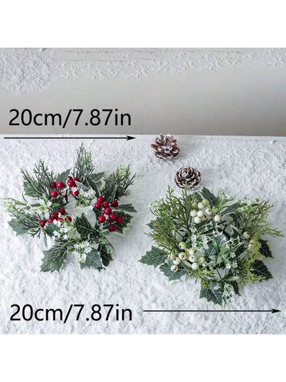 Christmas Candle Ring Holder with Red Flowers, Gold Berries & Greenery, Holiday Table Centerpiece