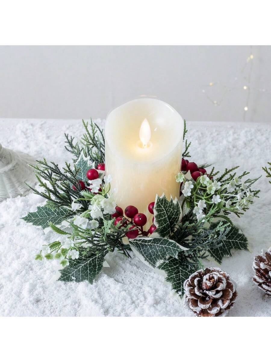 Christmas Candle Ring Holder with Red Flowers, Gold Berries & Greenery, Holiday Table Centerpiece