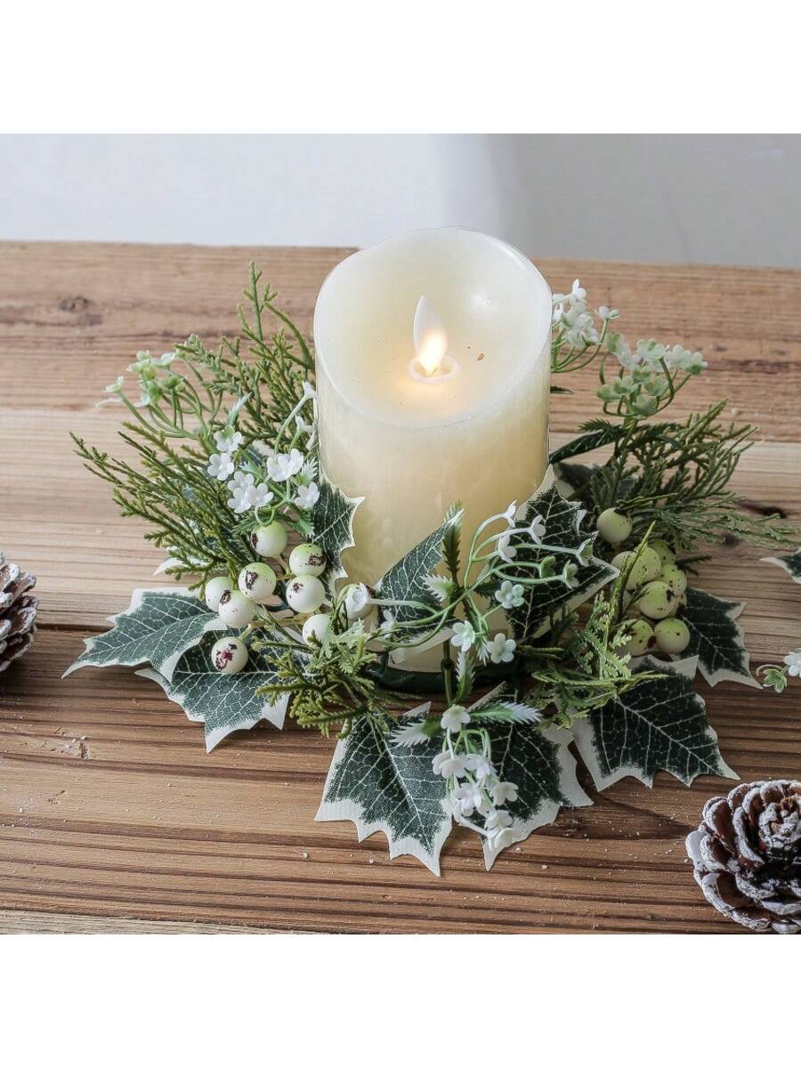 Christmas Candle Ring Holder with Red Flowers, Gold Berries & Greenery, Holiday Table Centerpiece