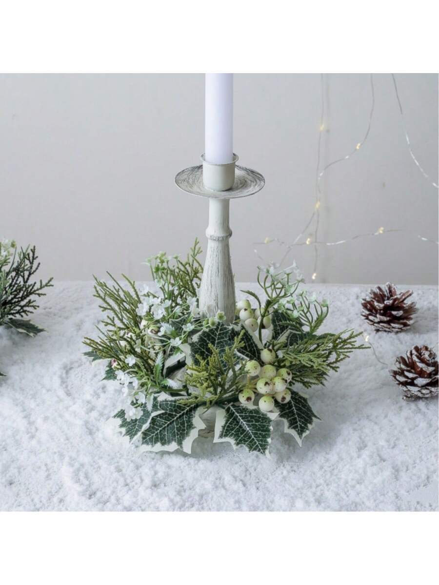 Christmas Candle Ring Holder with Red Flowers, Gold Berries & Greenery, Holiday Table Centerpiece