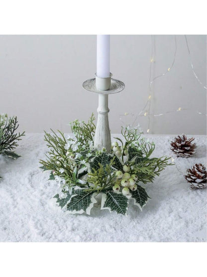 Christmas Candle Ring Holder with Red Flowers, Gold Berries & Greenery, Holiday Table Centerpiece