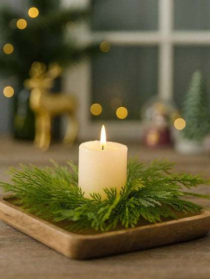 Christmas Candle Ring Holder with Red Flowers, Gold Berries & Greenery, Holiday Table Centerpiece