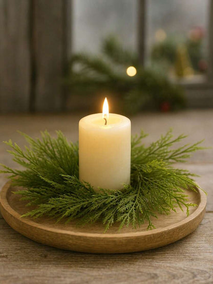 Christmas Candle Ring Holder with Red Flowers, Gold Berries & Greenery, Holiday Table Centerpiece