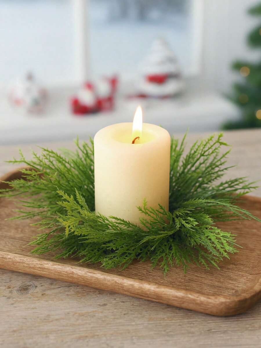 Christmas Candle Ring Holder with Red Flowers, Gold Berries & Greenery, Holiday Table Centerpiece