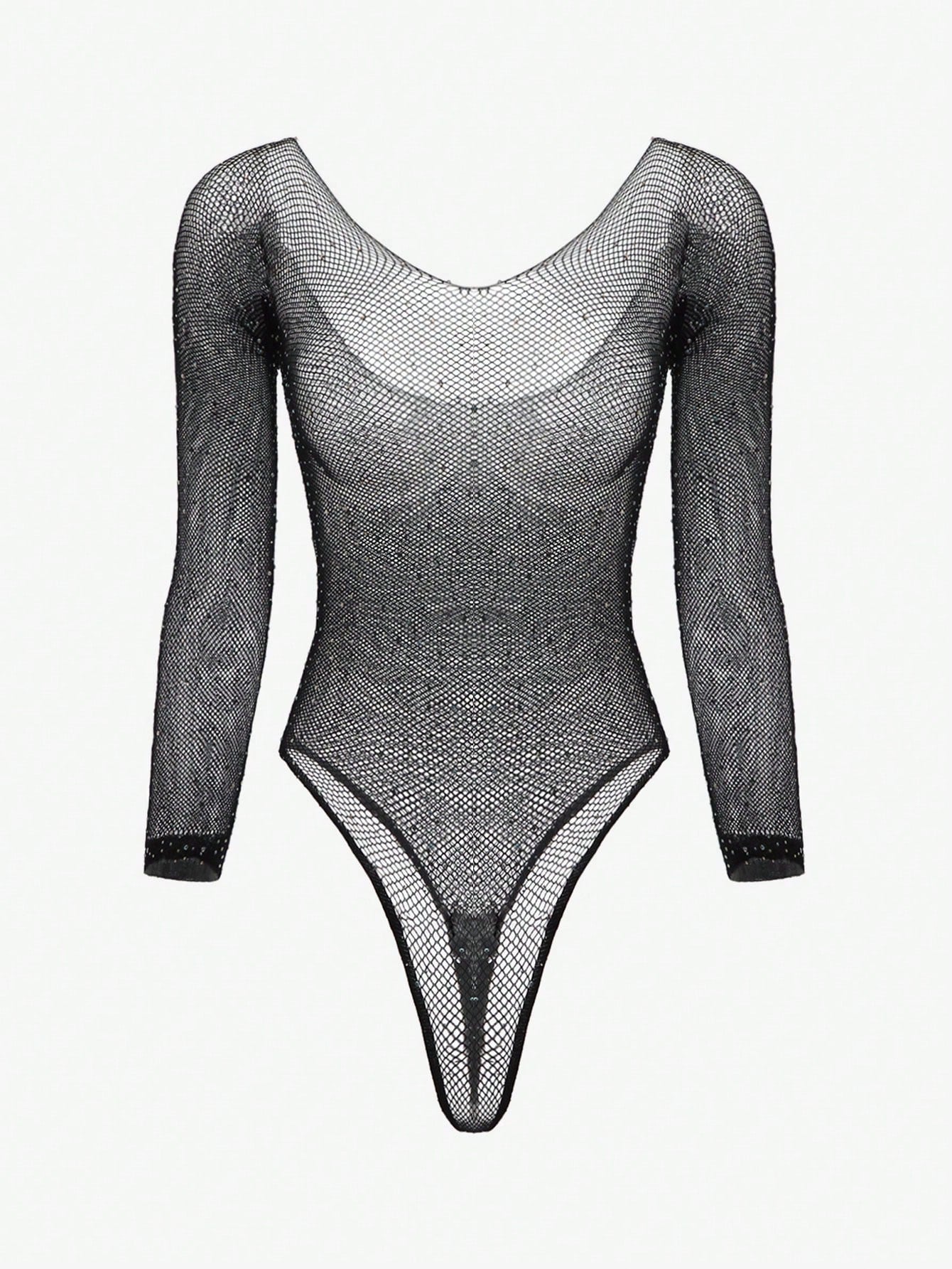 Rhinestone Studded Fishnet Teddy Bodysuit Lingerie