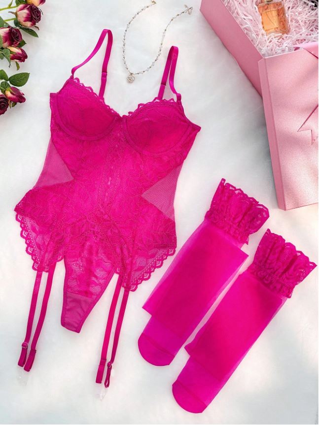 Floral Lace Underwire Garter Corset Lingerie Set with Stockings