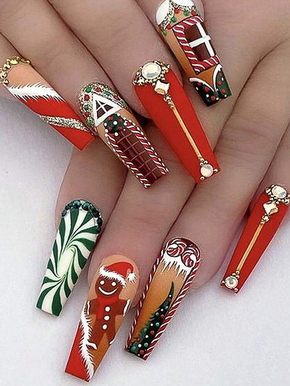 24pcs Long Coffin Christmas Press On Nails, White Elk And Snowflake Design With Gold Glitter, Elegant Glossy Nail Set For Women Daily Use