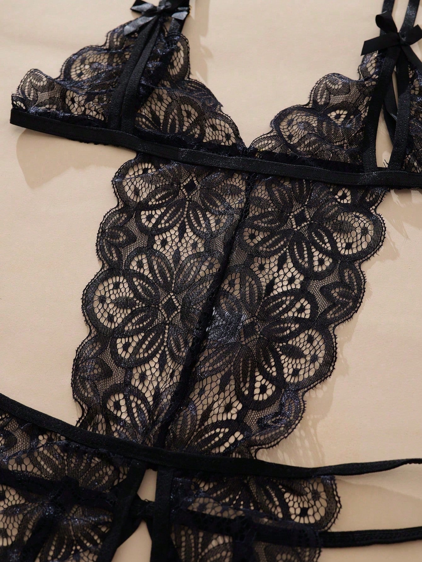 Women's Hollow Out Sheer Bow Floral Lace Elastic Backless Sexy Bodysuit Lingerie, Women's Sexy Teddy Bodysuit, Suitable For Going Out