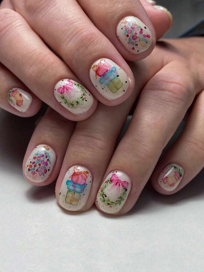 24pcs Short Red Christmas Press On Nails, Snowflake Glitter Design, Blue And Red Winter False Nails For Women, Easy To Apply Nail Supplies