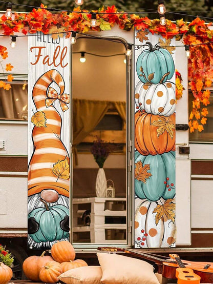 Thanksgiving Pumpkin Gnome Door Banner Set, 30x180cm Polyester Hanging Porch Sign, Autumn Harvest Decoration for Farmhouse Indoor & Outdoor Display