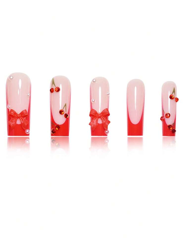 24pcs Soft French Press On Nails, Black And Red Plum Blossom Pattern, Romantic Dark Style Nail Set With File For Women Daily Wear