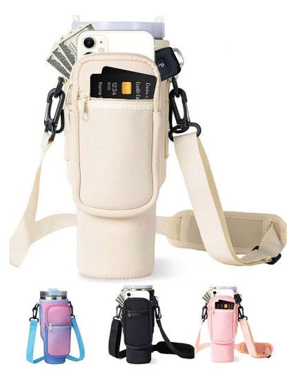 Portable 40oz Tumbler Cup Case with Adjustable Strap, Dual Storage Pockets for Travel or Outdoor Use, Functional Fitness Cup Cover and Wallet Combo