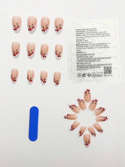 24pcs Long Coffin Cherry Press On Nails, 3D Glossy Painted Fruit Design, Handmade Acrylic Nail Set With Glue & File For Women Party Wear