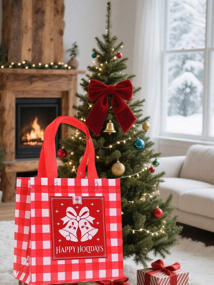 25pcs Red & Black Plaid Christmas Gift Bags, Non-Woven Holiday Tote Bags with Reindeer & Stocking Prints