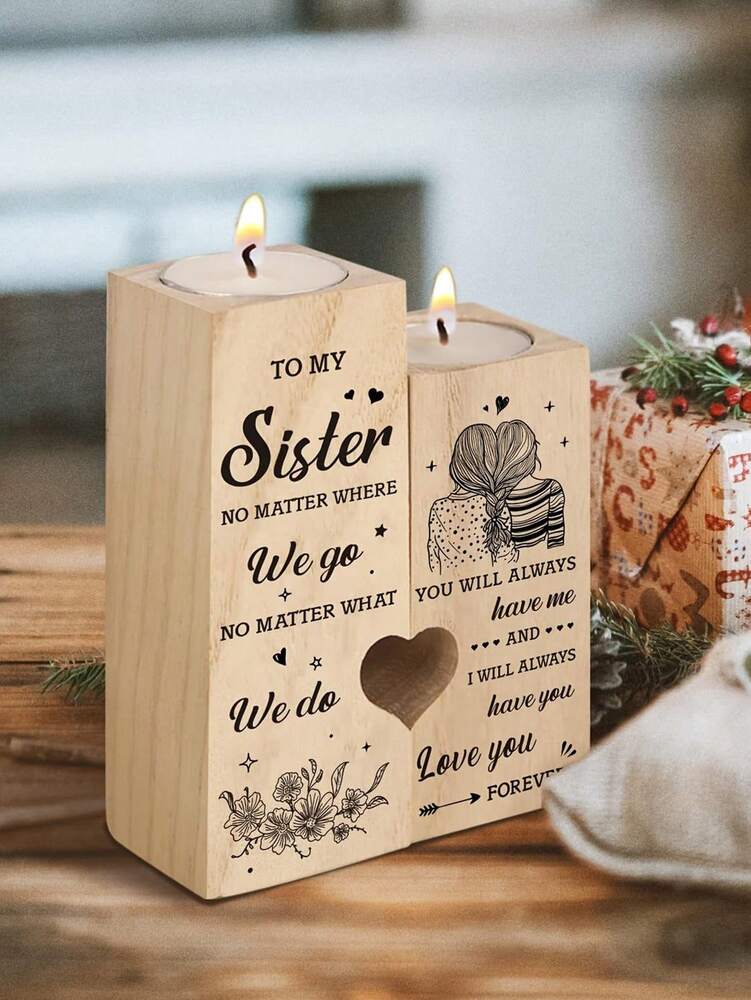 Heart-Shaped Candle Holder with Engraved Sister Message, Decorative Sentimental Ornament (Candle Not Included)