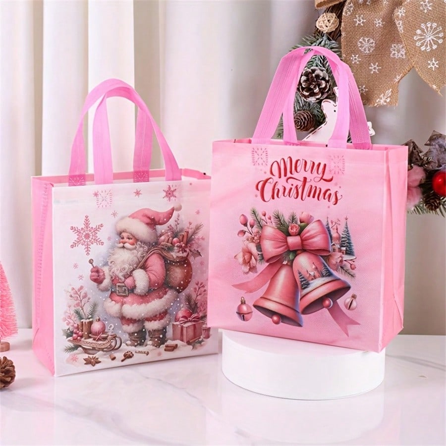 8pcs Pink Christmas Tote Bags with Handles, Reusable Non-Woven Gift Bags with Santa, Elk & Bell Prints for Holiday Packaging & Festive Decor