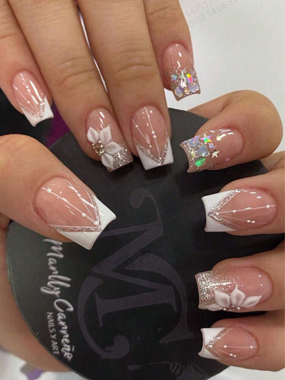 24pcs Medium Square Christmas Press On Nails, Red French Glitter Snowflake Candy Design, Bling Acrylic False Nails For Women Holiday Wear