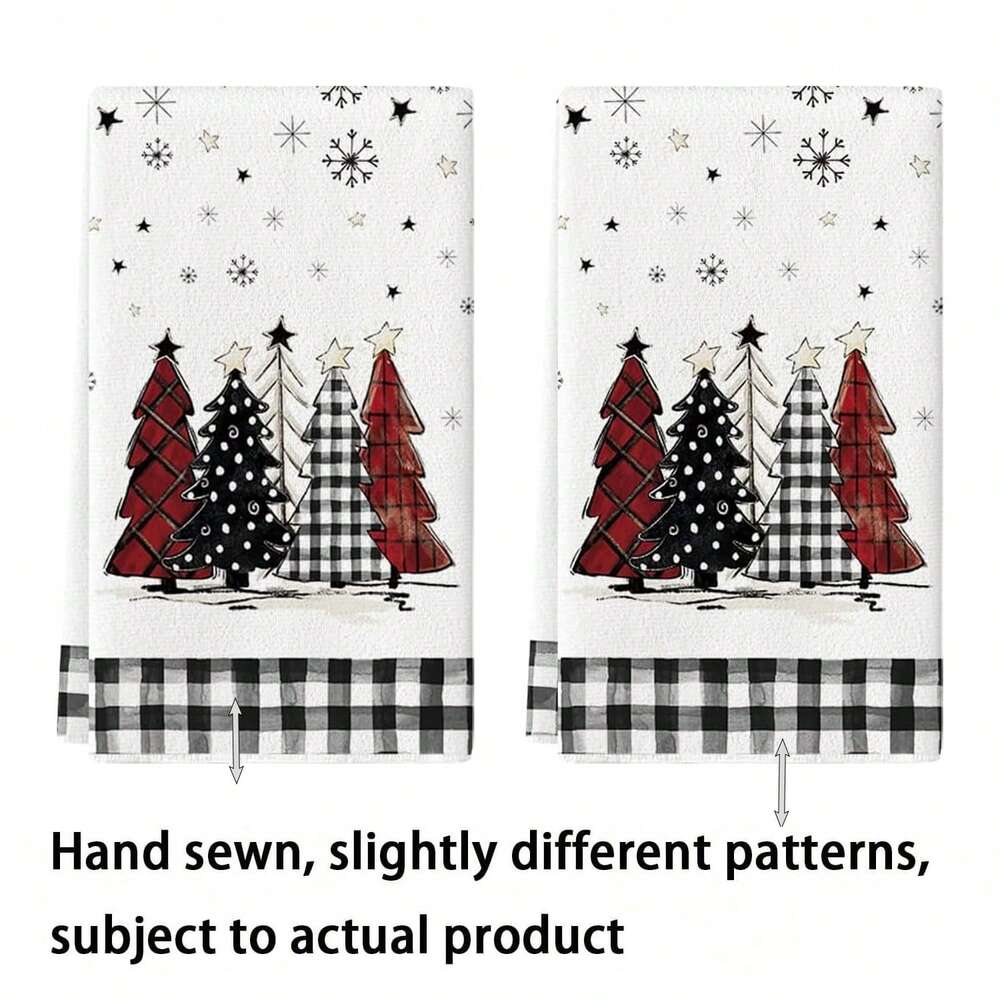 2pcs Buffalo Plaid Christmas Kitchen Towels, Santa & Tree Themed Cotton Dish Towels for Seasonal Cooking, Baking & Holiday Home Decor