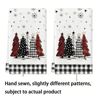 2pcs Buffalo Plaid Christmas Kitchen Towels, Santa & Tree Themed Cotton Dish Towels for Seasonal Cooking, Baking & Holiday Home Decor