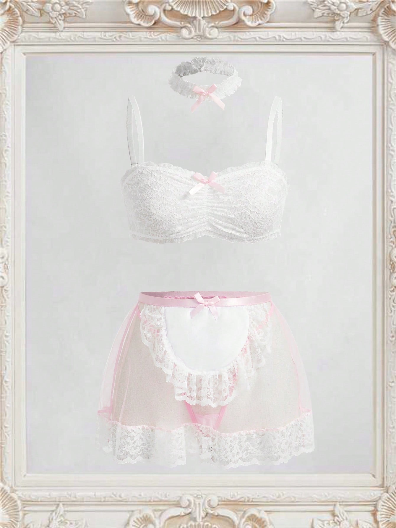 4pcs Women's Lace Sexy Lingerie Set (No Wire Bra/Thong/Mini Skirt/Choker)