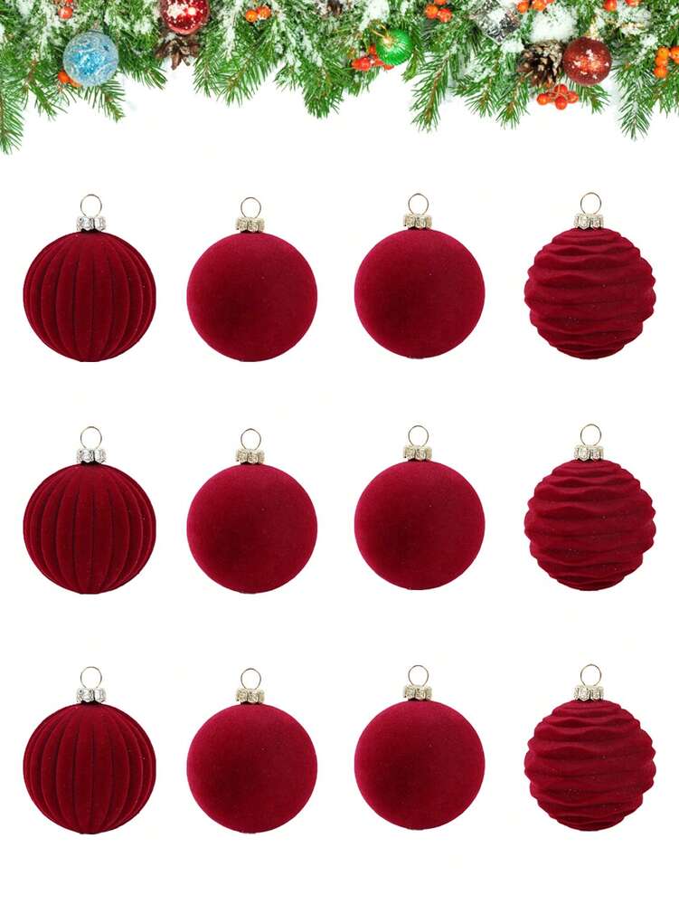12pcs Burgundy Velvet Christmas Ball Set, Soft Flocked Pom Pom Ornaments, Luxurious Baubles for Holiday Trees, Gifts, and 2026 New Year Decorations