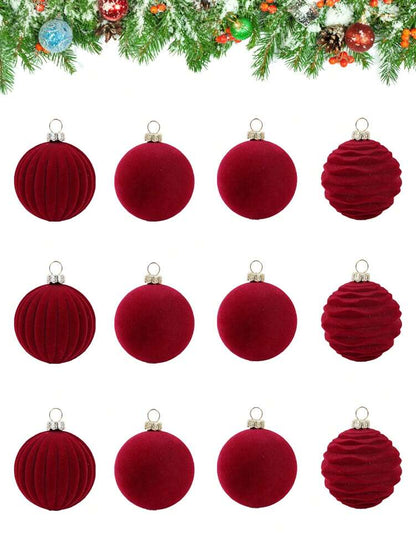 12pcs Burgundy Velvet Christmas Ball Set, Soft Flocked Pom Pom Ornaments, Luxurious Baubles for Holiday Trees, Gifts, and 2026 New Year Decorations