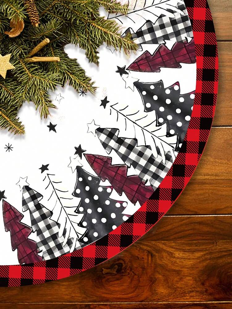 Red & Black Plaid Christmas Tree Skirt, Snowflake Pattern Round Tree Mat, Soft Decorative Base Cover for Living Room & Winter Holiday Home Decor