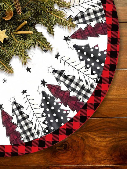 Red & Black Plaid Christmas Tree Skirt, Snowflake Pattern Round Tree Mat, Soft Decorative Base Cover for Living Room & Winter Holiday Home Decor