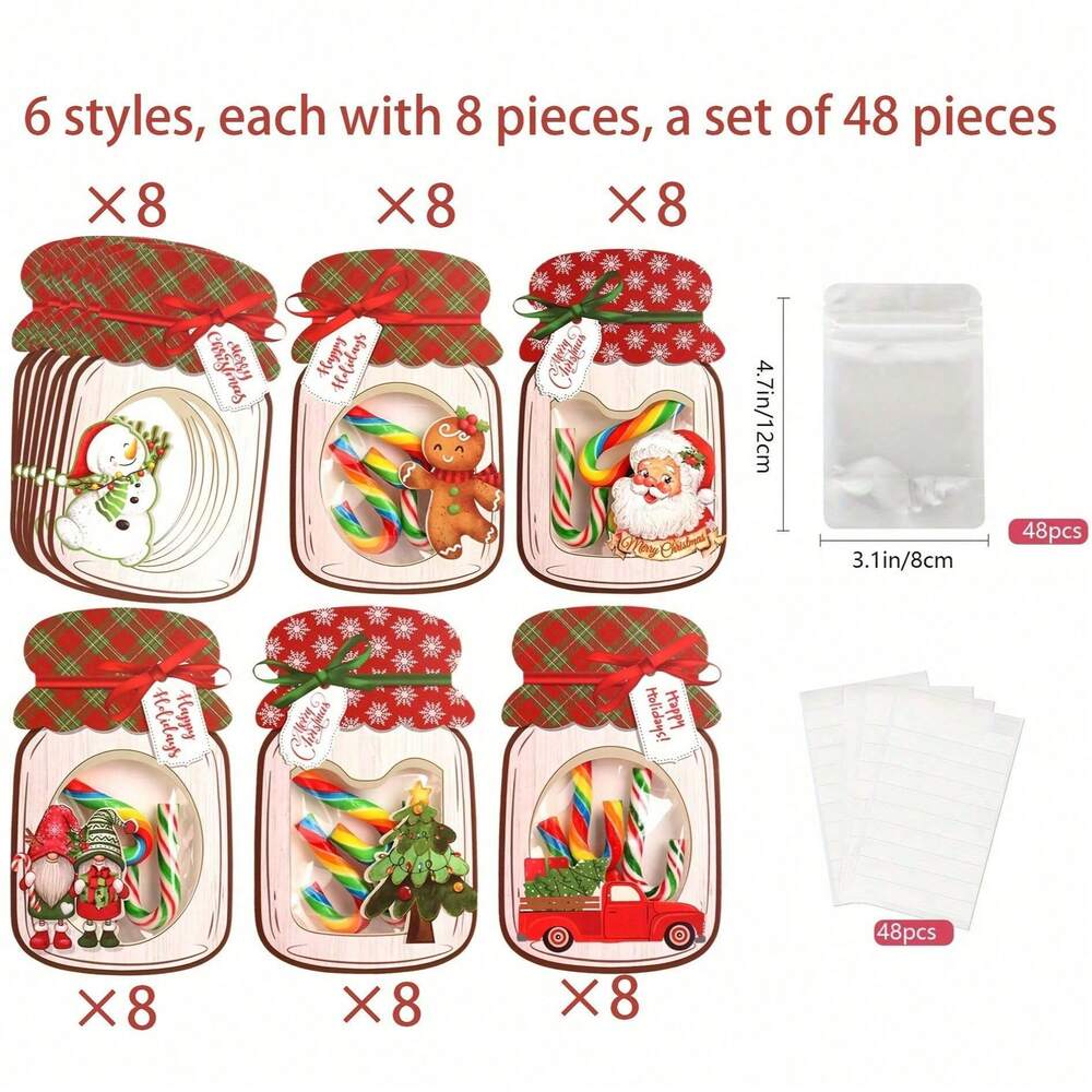 48-Pack Christmas Mason Jar Card and Treat Bag Set, Cute Holiday Party Favors for Classroom Activities, Gift Exchange, and Xmas Stocking Stuffers