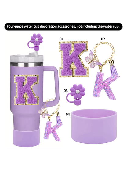 A–Z Cup Accessory Set (4pcs) with Straw Cap, Letter Pendant, Silicone Cup Boot, and Letter Sticker, Personalized Surprise Gift for Friends and Family
