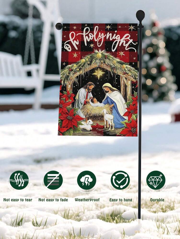 Christmas Night Garden Flag 12x18 inch, Double-Sided Linen Yard Flag with Jesus and Red Plaid Design, Festive Farmhouse Outdoor Winter Decoration