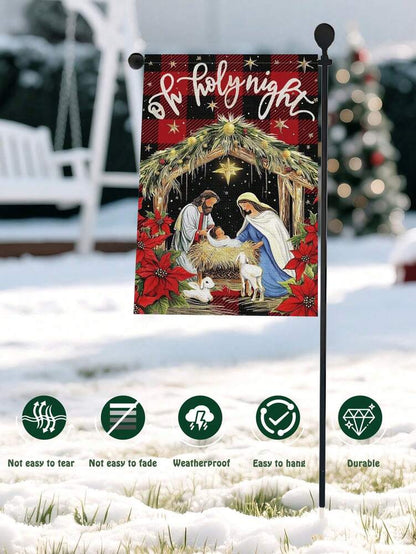 Christmas Night Garden Flag 12x18 inch, Double-Sided Linen Yard Flag with Jesus and Red Plaid Design, Festive Farmhouse Outdoor Winter Decoration