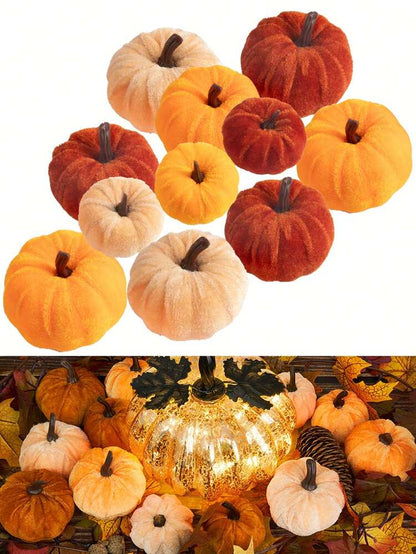 12pcs Faux Velvet Mini Pumpkins, Farmhouse Fall Decorations, Assorted Soft Fabric Pumpkins for Thanksgiving Table & Home Decor