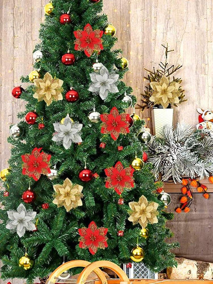 10pcs Glitter Poinsettia Ornaments with Clips & Stems, Sparkling Artificial Christmas Décor for Trees & Wreaths