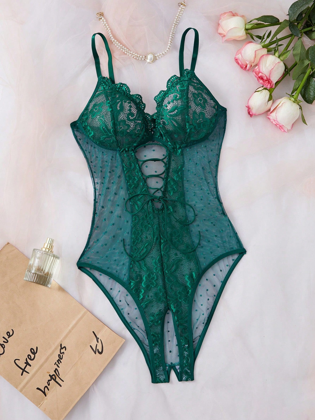 Contrast Lace Sexy Mesh Women's Bodysuit Lingerie, 1pc For Going Out