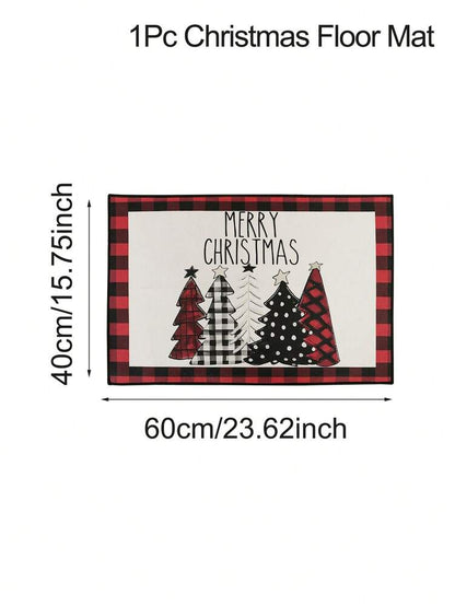 Merry Christmas Red Plaid Door Mat, Non-Slip Washable Entry Rug with Tree Print, Holiday Welcome Mat for Front Door or Home Decor