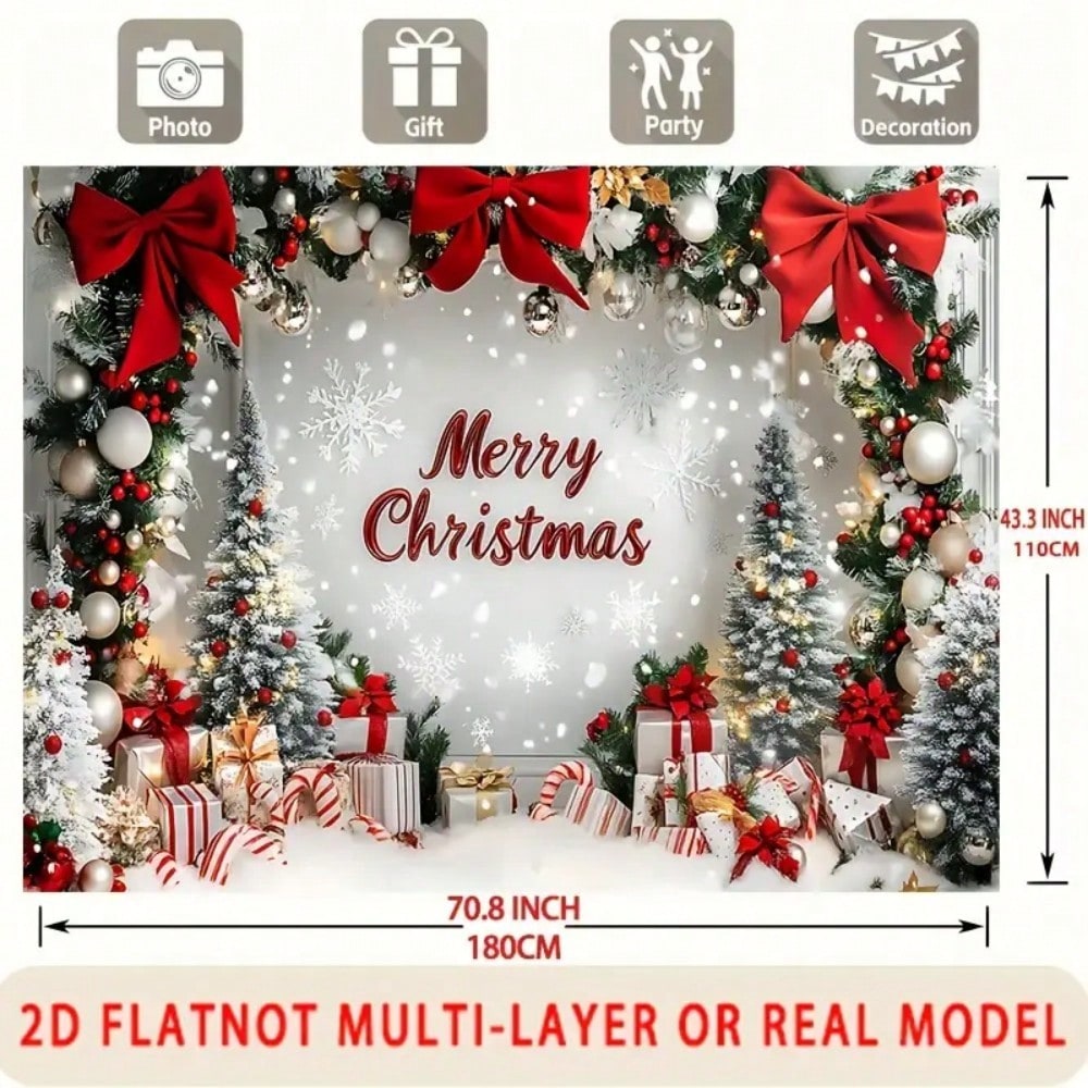 2D Christmas Party Banner, Polyester Snow Scene Backdrop with Red Hat and Festive Design, Perfect Wall Decoration for Holiday Events and Photo Props