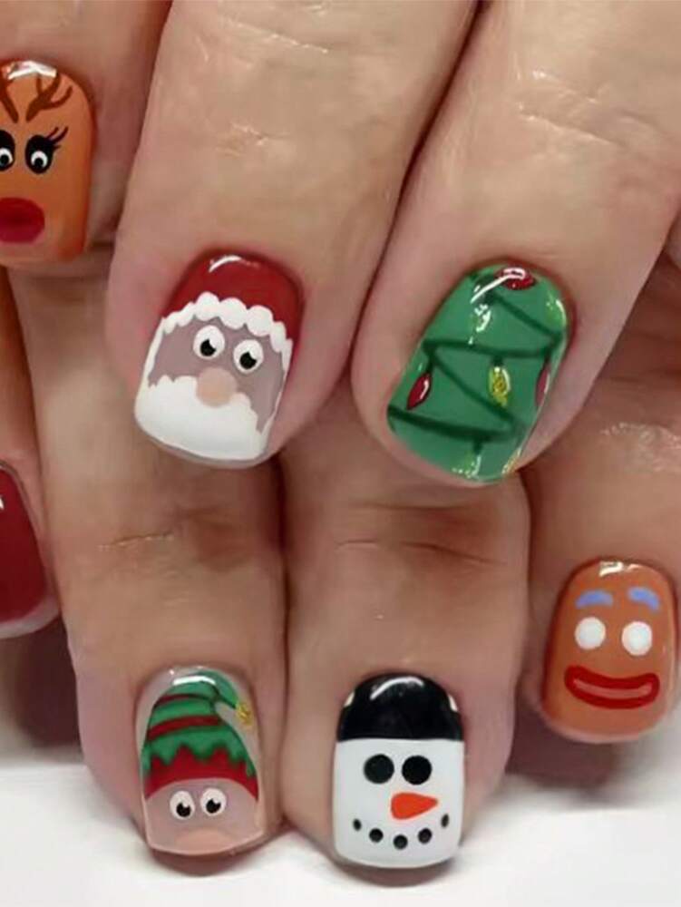 24pcs Christmas Press-On Nails, Short Square Snowman Design with Glitter French Tips, Acrylic False Nail Set with Jelly Glue & File for Holiday Wear