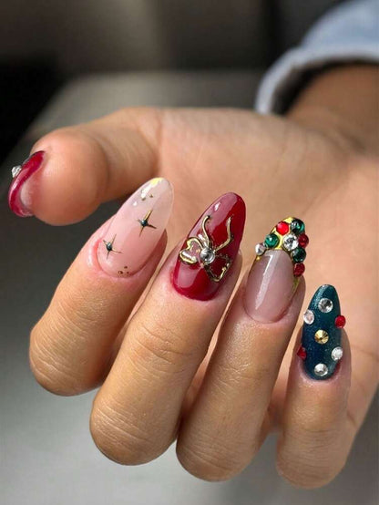 24pcs Red Glitter Christmas Press On Nails, Short Square Bling False Nails With Cute Elk Grid Design, Festive Nail Set Gift For Women Party Wear