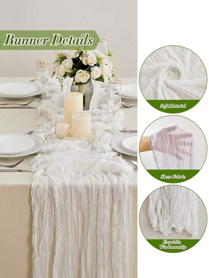 Wrinkled Cheesecloth Table Runner for Weddings and Holidays, Elegant Table Centerpiece Cloth for Christmas Dining, Birthdays, and Romantic Events