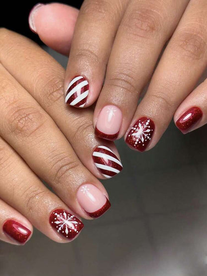 24pcs Short Square Champagne Glitter Christmas Press On Nails, Snowflake Full Cover Holiday False Nails For Women Nail Art Supplies