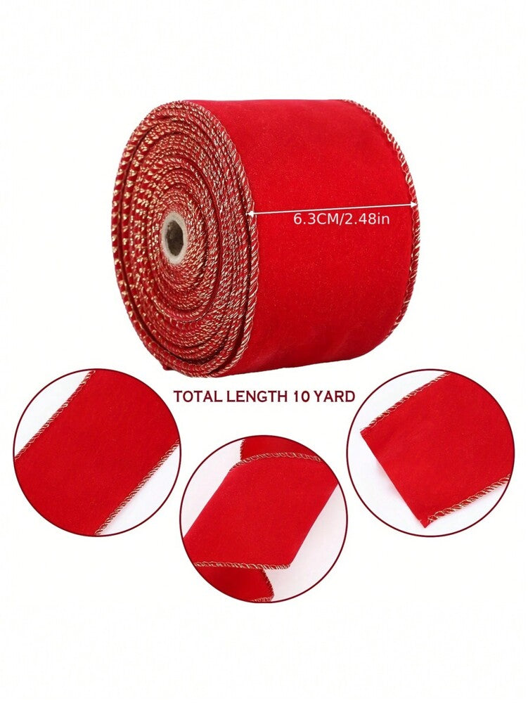 Red Velvet Ribbon with Christmas Tree Decoration, Elegant Holiday Gift Wrapping Ribbon for Birthday, Wedding, or Festive Packaging