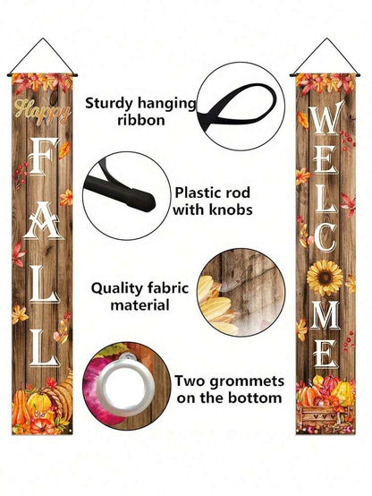 Autumn Porch Welcome Banner Set, Pumpkin & Maple Leaf Front Door Hanging Sign, Seasonal Farmhouse Fall Decoration for Indoor & Outdoor Use