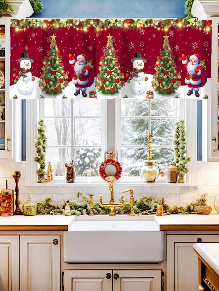 Santa Claus & Snowman Christmas Curtain Valance, 1–2 Piece Polyester Window Decor with Rod Pocket for Kitchen, Living Room or Bedroom