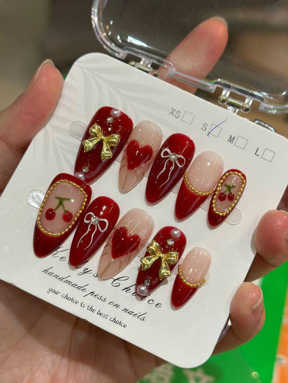 10pcs Retro Cherry Press On Nails, 3D Cherry And Bow Design With Gold Stud Accents, Handmade Y2K Vintage Nail Set For Holiday Party