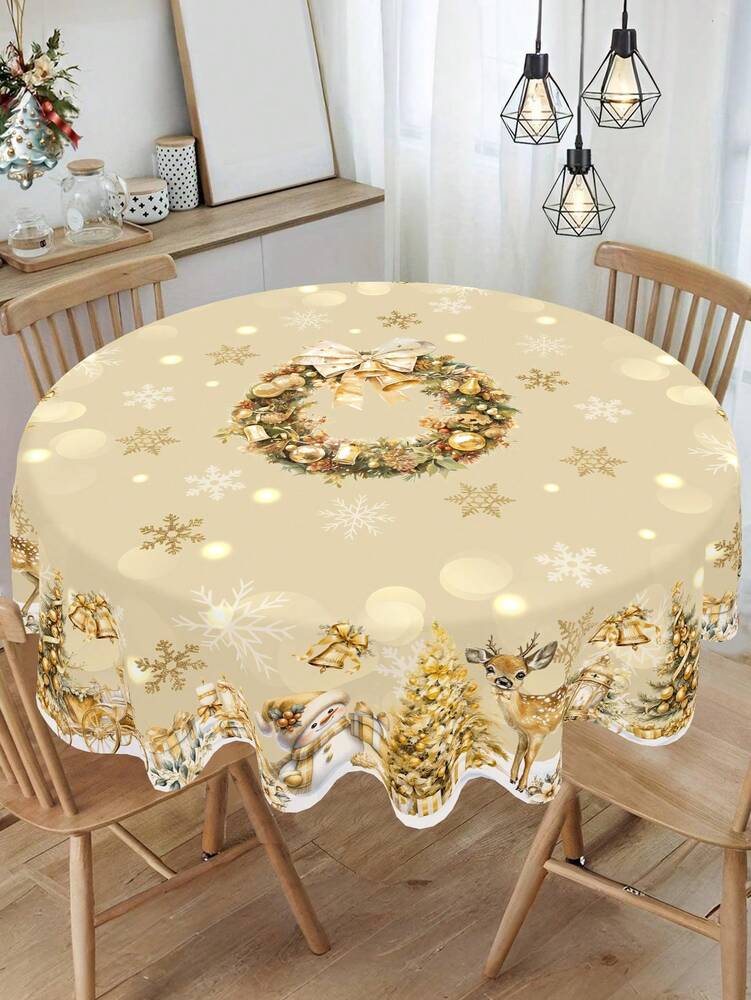 Festive Christmas Tablecloth with Snowman & Reindeer Wreath Design, Polyester Winter Table Cover for Dining Room & Kitchen Holiday Decor