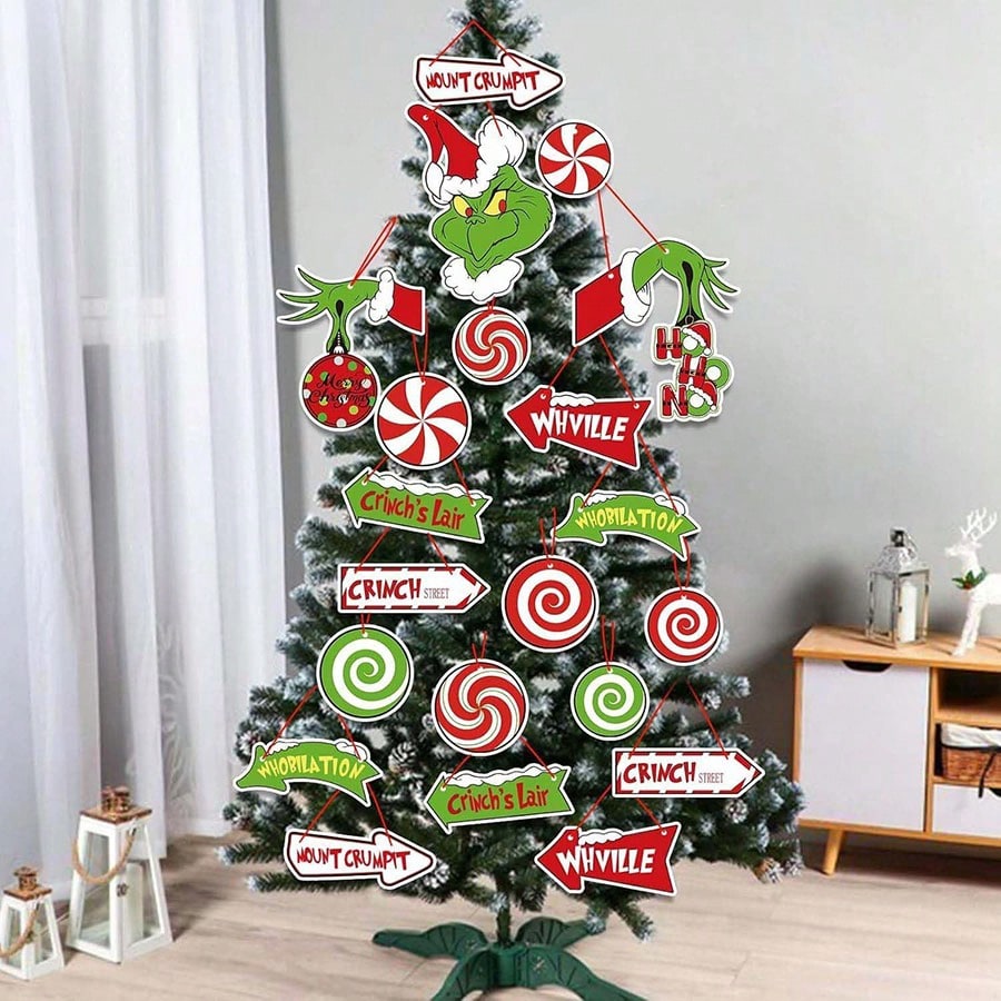 21pcs Grinch Green Paper Hanging Christmas Ornaments, Fun Tree and Room Decorations, Party Supplies for New Year and Festive Holiday Atmosphere