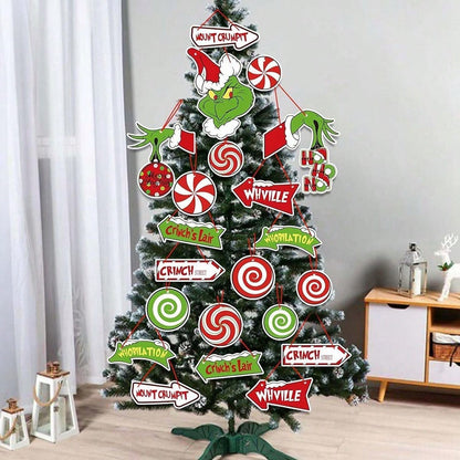 21pcs Grinch Green Paper Hanging Christmas Ornaments, Fun Tree and Room Decorations, Party Supplies for New Year and Festive Holiday Atmosphere