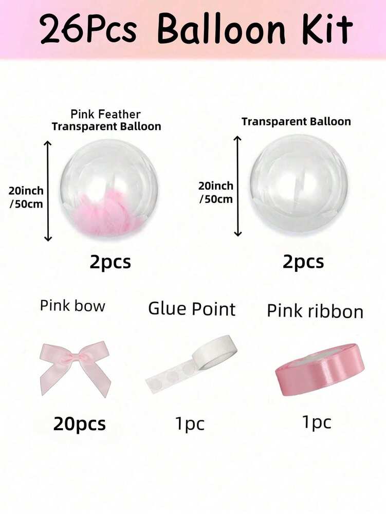 52pcs 20-Inch Pink Feather Balloons with Ribbons, Elegant Decorative Balloon Set for Wedding, Outdoor Photography or Room Decor