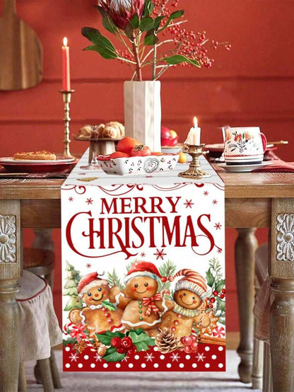 Gingerbread Man Christmas Table Runner, 35x180cm Polyester Holiday Table Flag, Festive Dining Room Décor for Christmas & Winter Home Use
